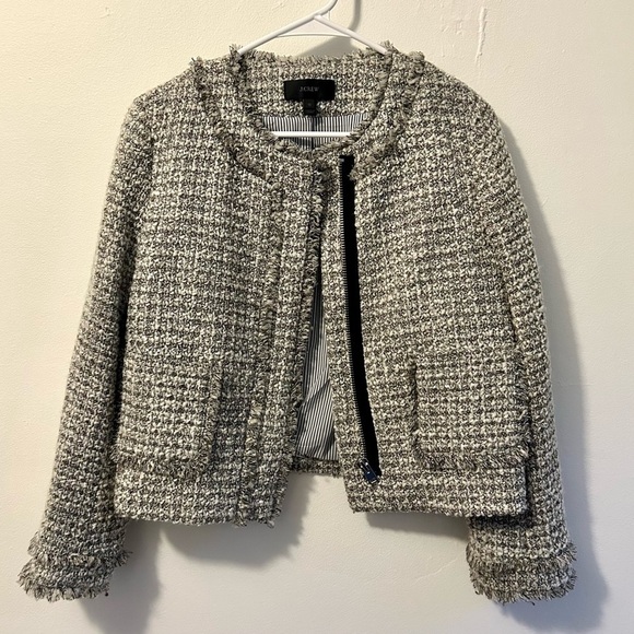 J. Crew Jackets & Blazers - J. Crew Gray Cream Tweed Cropped Jacket Blazer w/ Pockets Fringe Trim